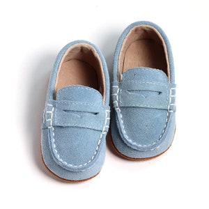 Baby Toddler boy Pale Blue Suede Leather Loafers christening Shoes, Pale Blue baby boys baptism shoes, boy hard soles loafers, wedding shoes