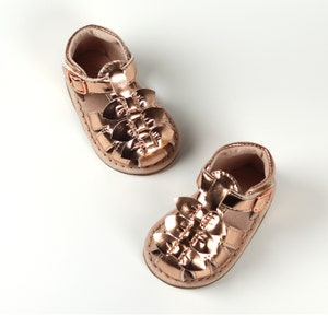 Baby sandals with bow, Baby Girls Leather Rose Gold Fisherman Sandals,  Girl WeddingSandals, Baby soft sole Sandals, hard sole sandals
