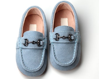 Baby Toddler boy Pale Blue Suede Leather Loafers christening Shoes, Pale Blue baby boys baptism shoes, boy hard soles loafers, wedding shoes