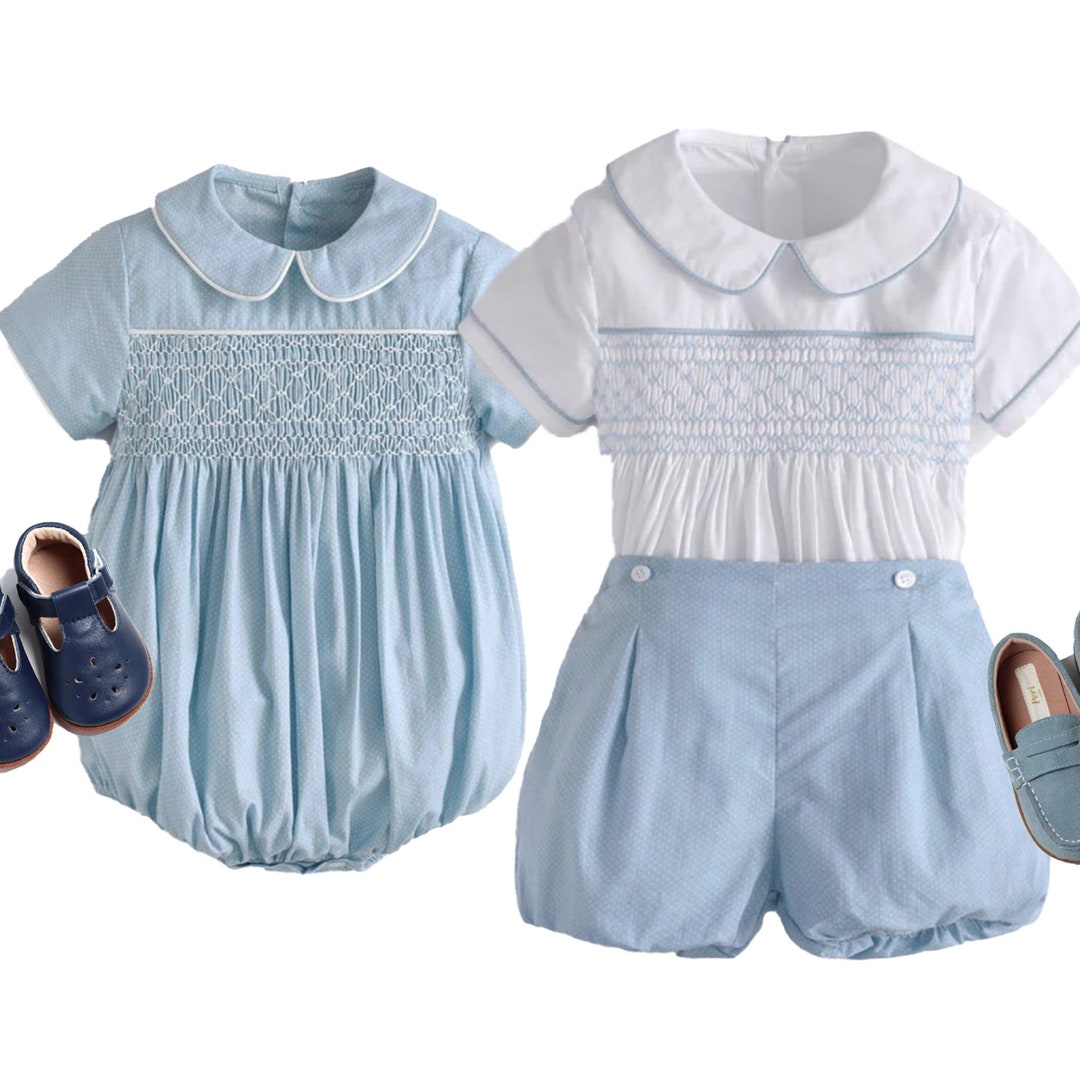 Blue Boy Baby Bloomer Romper, Smocked Romper Outfits, First Birthday