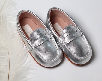 Silver Loafers shoes , Baby Toddler boys silver Loafers, Baby Toddler gold Boat Shoes, Toddler girl boy gold dress shoes,boy wedding shoes