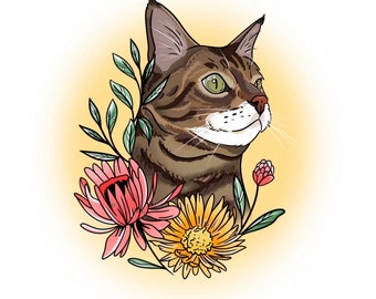 Custom Designs Tattoo Floral Style Pet Portrait Print Digital Illustration