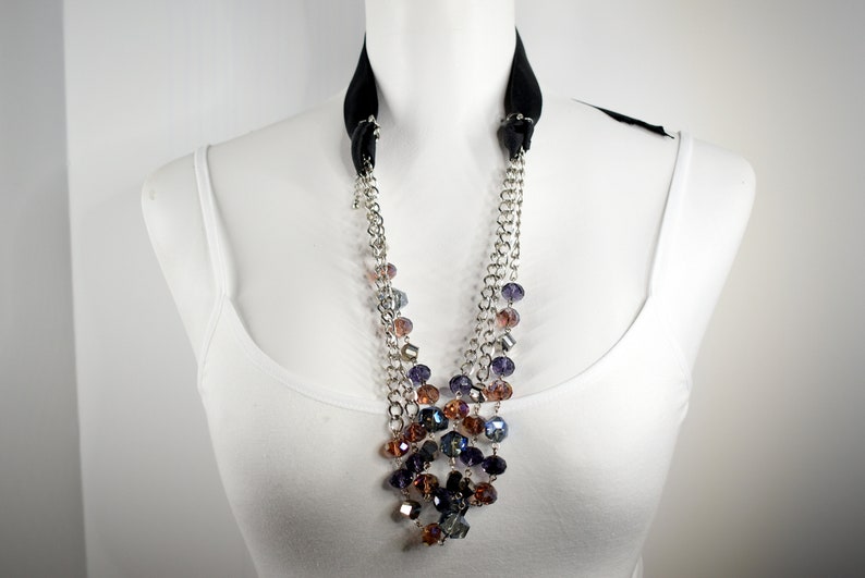 multy colored Crystal necklace in silver long chain and black ribbon