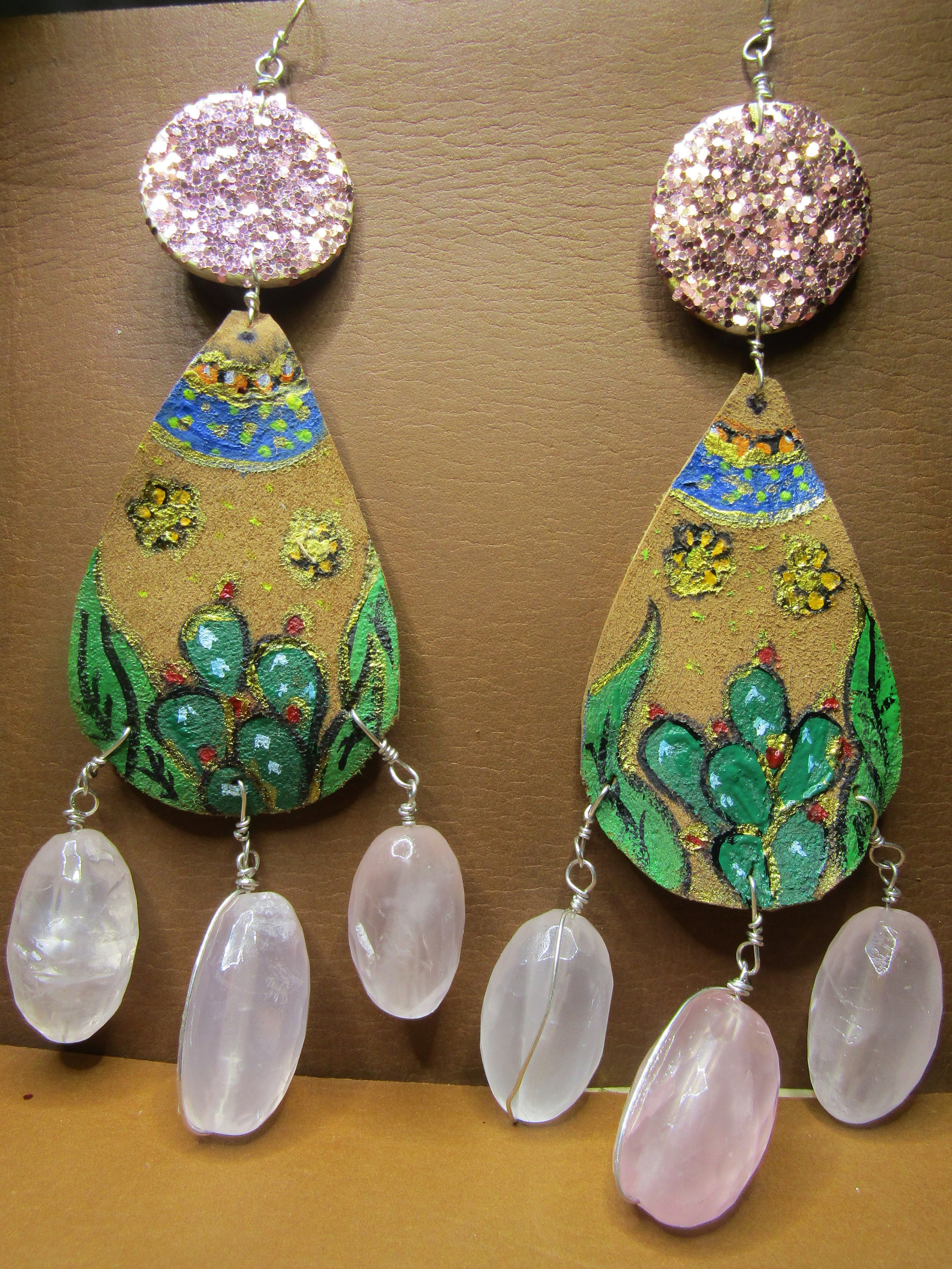 Mexican jewelry Hand painted nopales Earrings with chunky  Etsy