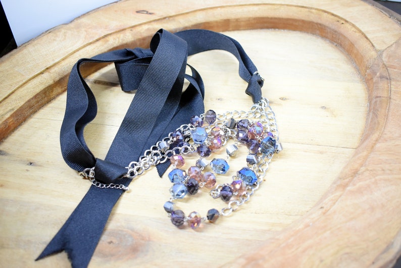 multy colored Crystal necklace in silver long chain and black ribbon