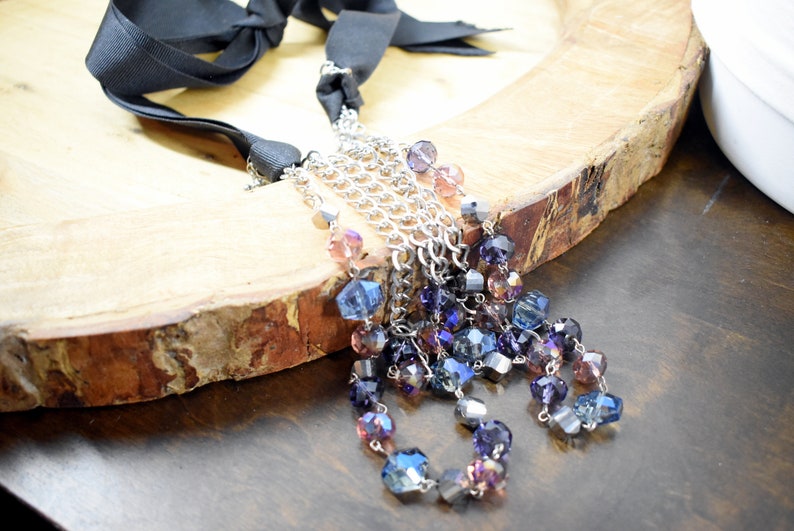 multy colored Crystal necklace in silver long chain and black ribbon