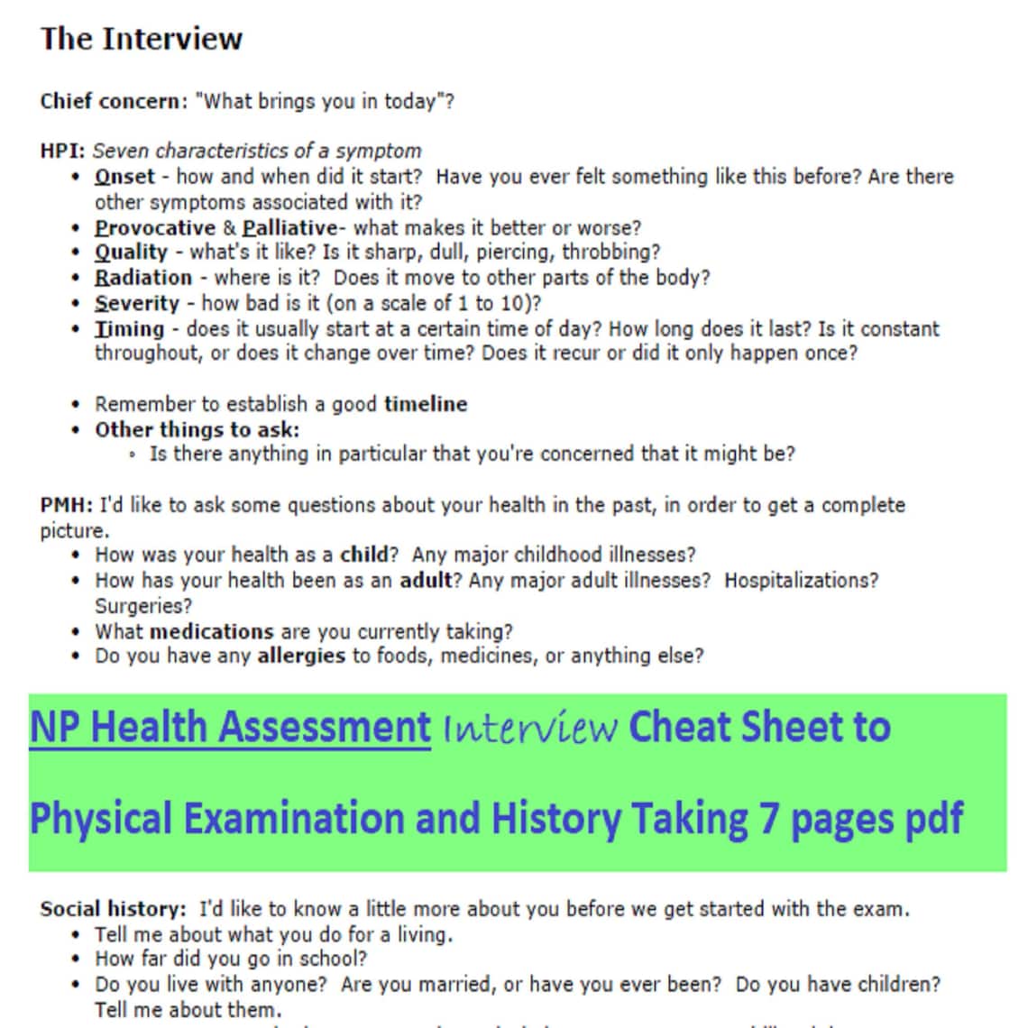 NP Health Assessment Interview Cheat Sheet to Physical Etsy