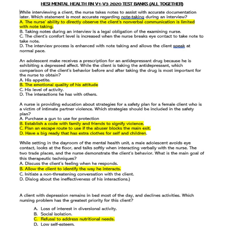 2020 HESI Mental health V1V3 150 practice questions with Etsy