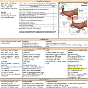 May include: A medical chart outlining the clinical model for predicting the probability of deep vein thrombosis (DVT). The chart includes a table with clinical characteristics and their corresponding scores, a diagram of the Homans sign, and a section on the differential diagnosis, management, and workup for DVT.
