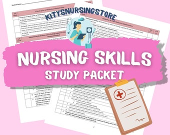 May include: A pink and white study guide for nursing skills with the title "Nursing Skills Study Packet" in bold white text. The guide includes a checklist for administering medications and feeding through a Dobhoff or PEG tube.