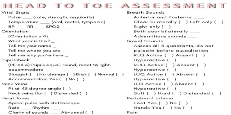 Head to toe assessment for student nurse 1 page printable