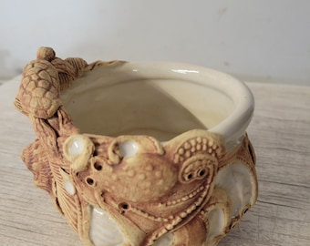Sm Dip Bowl coastal inspired decoration,  Stoneware,  Handcrafted,  Functional, oven, microwave, dishwasher. Basket weav  imprint  bottom.