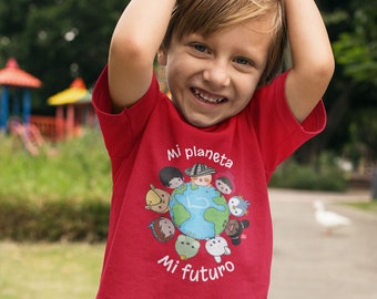 Mi planeta, mi futuro from Amigo Bilingue. My planet, my future bilingual youth short sleeve Tshirt. Spanish.