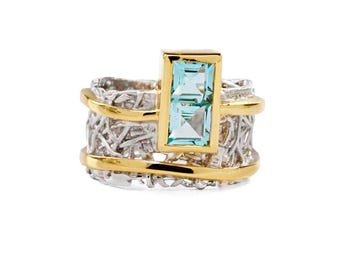 Princess Cut Blue Topaz Ring Sterling Silver Gold Accent Designer Statement Jewelry Verina Collection German Kabirski