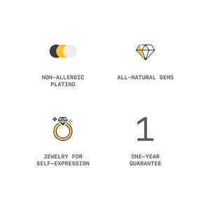 May include: Product feature icons and text for jewelry.  Non-allergenic plating is shown with yellow and white circles. All-natural gems are represented by a yellow diamond icon. A yellow ring with a diamond icon symbolizes jewelry for self-expression.  A gray '1' indicates a one-year guarantee.