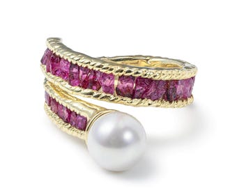 Anillo espiral de perlas y rubíes naturales hechos a mano en plata de ley y oro, joyería llamativa, piedra natal de julio, German Kabirski