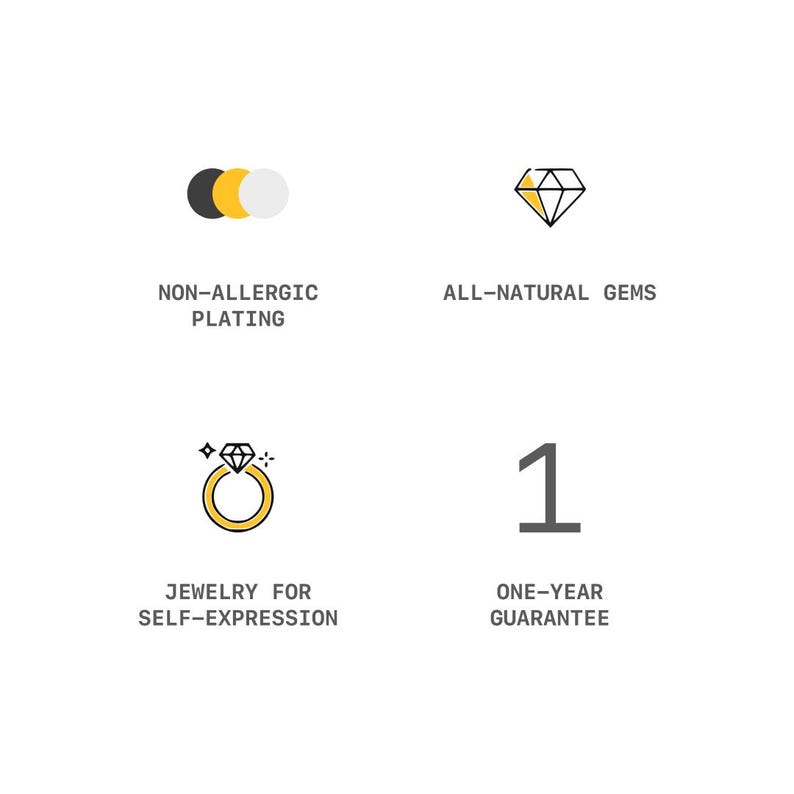 May include: Four icons with text describing the features of jewelry. The first icon is a black and white circle with a yellow circle inside. The text below is "Non-Allergic Plating". The second icon is a black diamond shape with a yellow interior. The text below is "All-Natural Gems". The third icon is a ring with a diamond inside. The text below is "Jewelry for Self-Expression". The fourth icon is the number "1". The text below is "One-Year Guarantee".