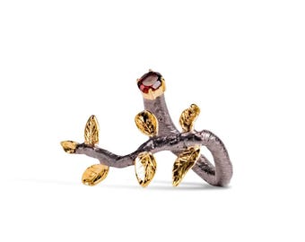 Botanische granaatring open band sterlingzilver bladontwerp statement sieraden Duitse Kabirski