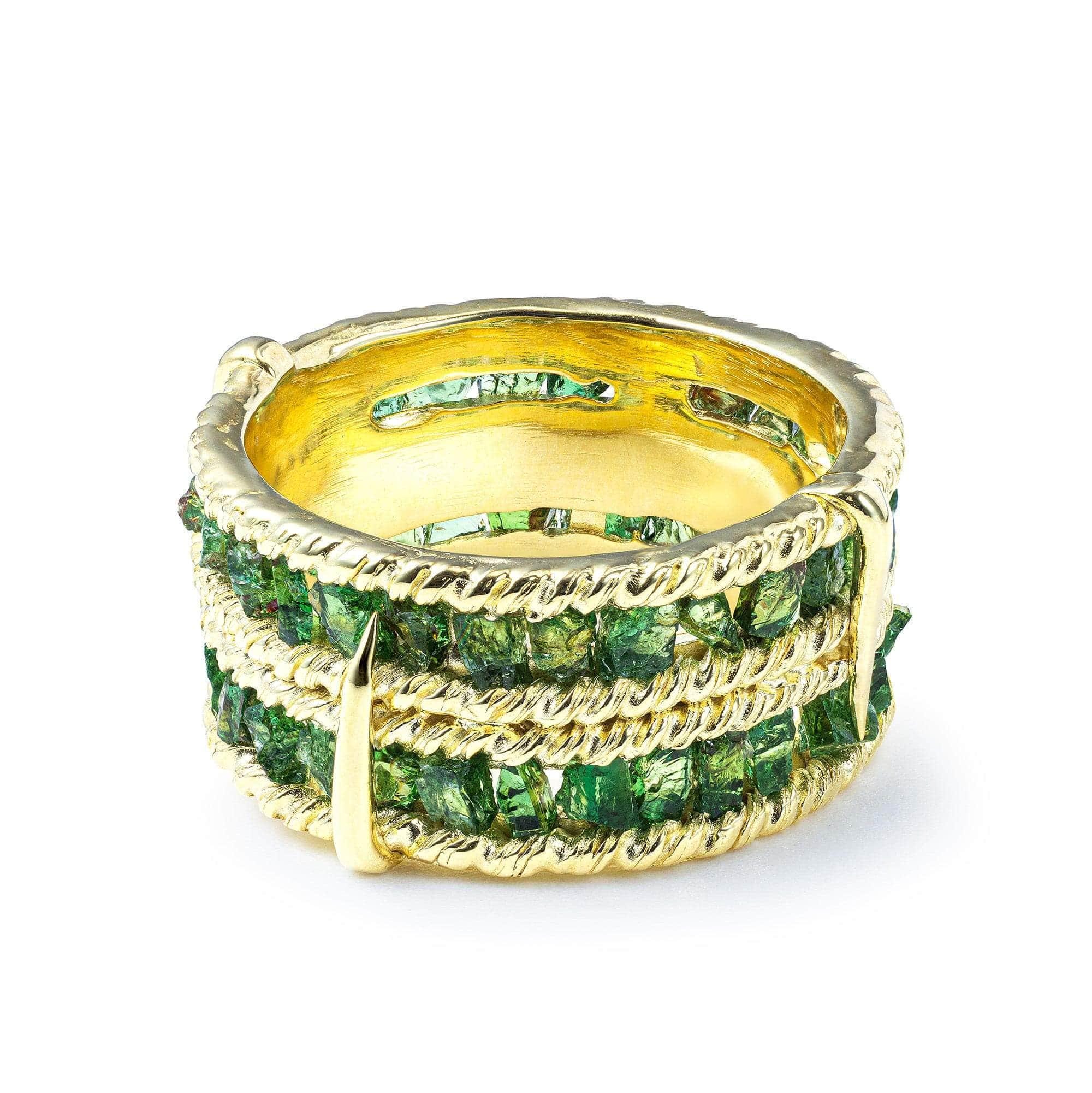 Tartine Wide Band Gold Plated 925 Silver Ring With Raw Green