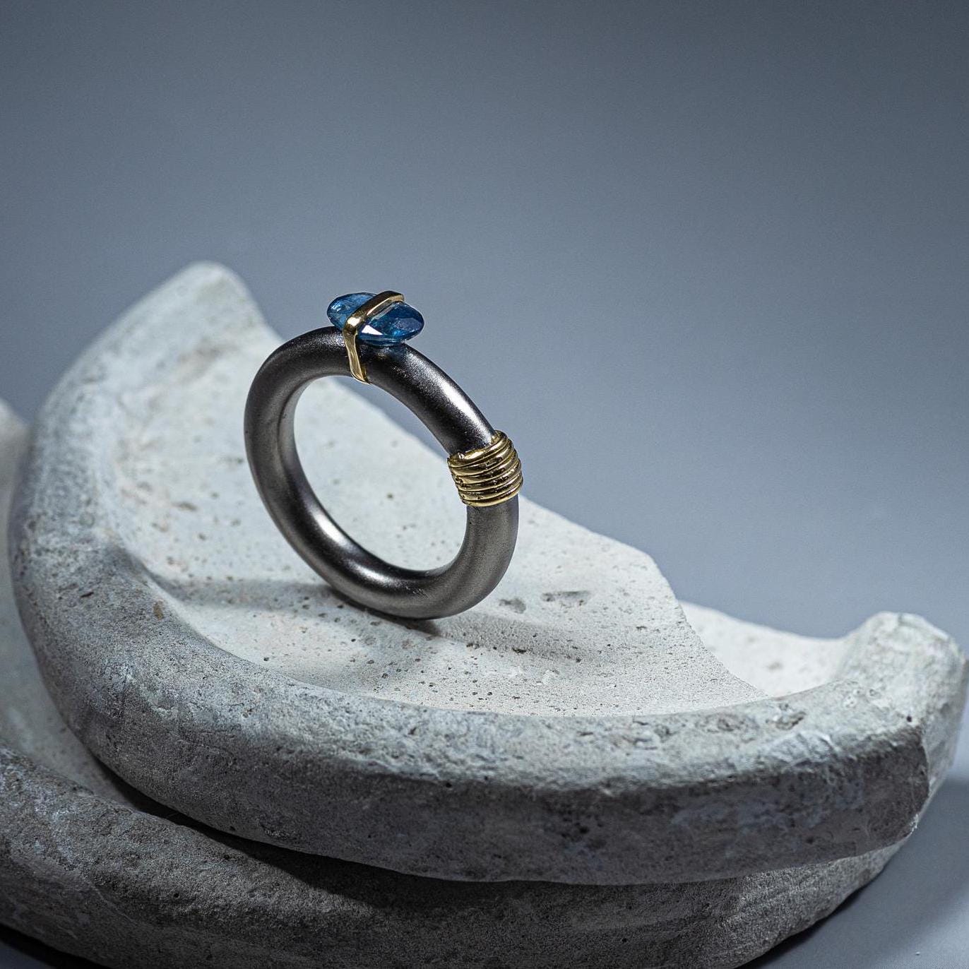 Handmade Black Rhodium Sterling Silver Blue Sapphire Ring: German