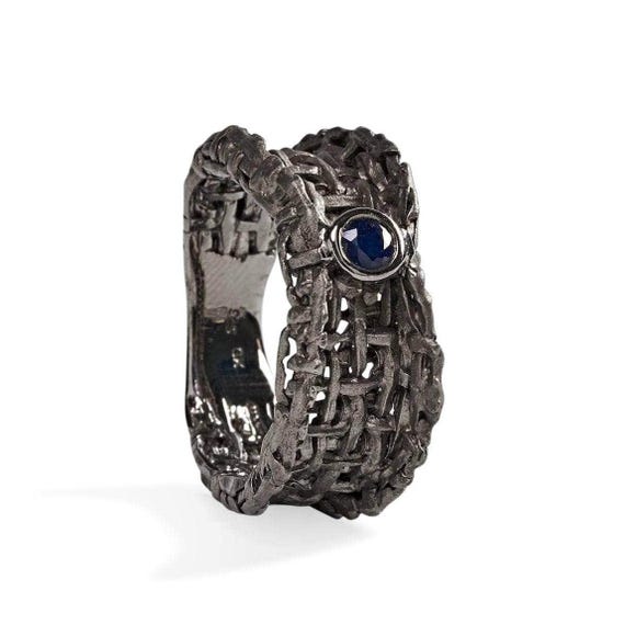Handmade Black Rhodium Plated Sterling Silver Blue Sapphire Ring