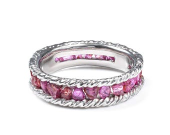Gaiete 925 Silver Ring Plated with White Rhodium & Set with Raw Ruby
