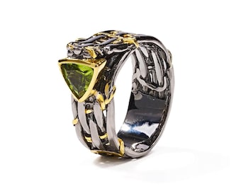 Handcrafted Peridot Gemstone Ring Sterling Silver Gold Plated & Black Rhodium Contemporary Designer Jewelry German Kabirski