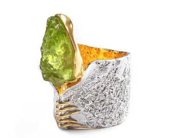 Handmade 925 Sterling Silver Corliss Rough Peridot Aquamarine Citrine Amethyst Fluid Shape Ring Plated Gold White Rhodium by German Kabirski