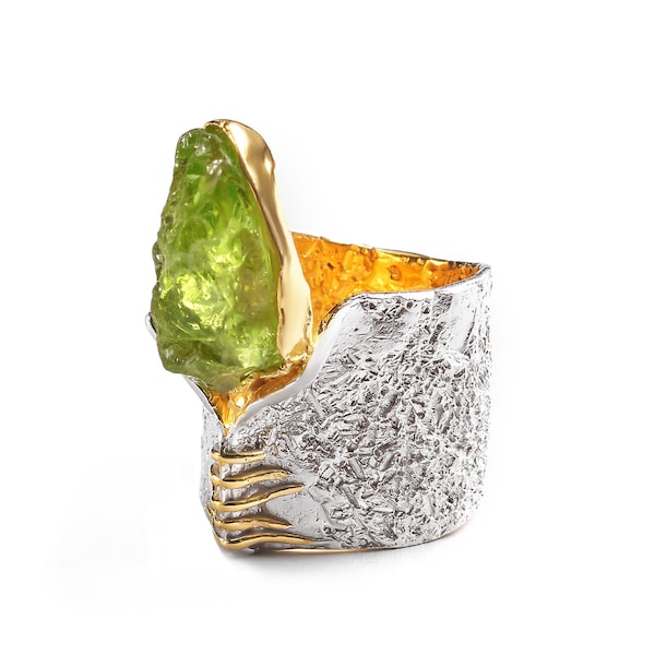 Handcrafted Peridot Ring Sterling Silver Gold Plated & Rhodium Plated Unique Artisan Jewelry By German Kabirski
