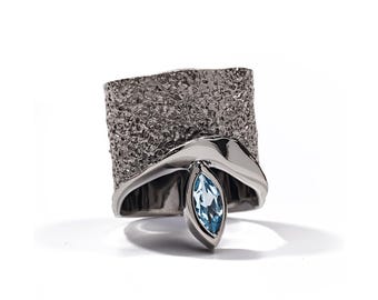 Handmade 925 Sterling Silver Blue Topaz Natural Shape Ring, Black Rhodium Plated, December Birthstone, Statement Jewelry by German Kabirski