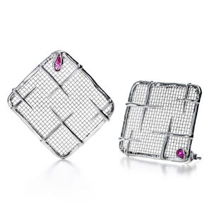 May include: A pair of silver earrings with a square mesh design and pink gemstones.