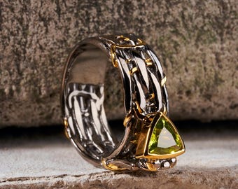 Handmade Peridot Ring in 925 Silver with Black Rhodium & 18K Gold | Unique Statement Jewelry by German Kabirski | Gift for Her | Gift Box