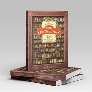 Peut inclure: Une pile de trois livres avec une couverture en bois brun et des lettres dorées. Le livre du haut est intitulé "Forgotten Home Apothecary" avec le sous-titre "250 Powerful Remedies". Le nom de l'auteur, "Nicole Apelian Ph.D.", est imprimé sous le sous-titre.
