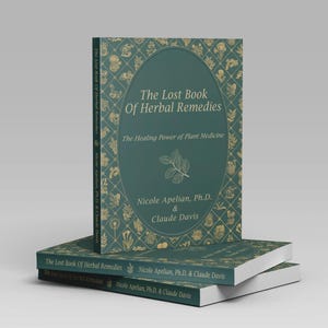 Peut inclure: Plusieurs livres intitulés "The Lost Book Of Herbal Remedies". Les couvertures sont de couleur vert d'eau avec des motifs floraux dorés et du texte. Un livre est debout, avec deux autres empilés en dessous.