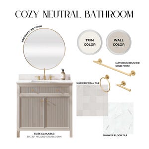 Tableau design neutre et confortable pour salle de bain | Tableau design pour salle de bain | Idées de design de salle de bain | Plans de conception de salle de bains | Panneau de design d'intérieur