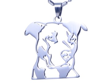 Stainless Steel Natural Ear Pitbull Pit Bull Staffordshire Bull Terrier Dog Head Outline Pet Dog Tag Breed Collar Charm Pendant Necklace