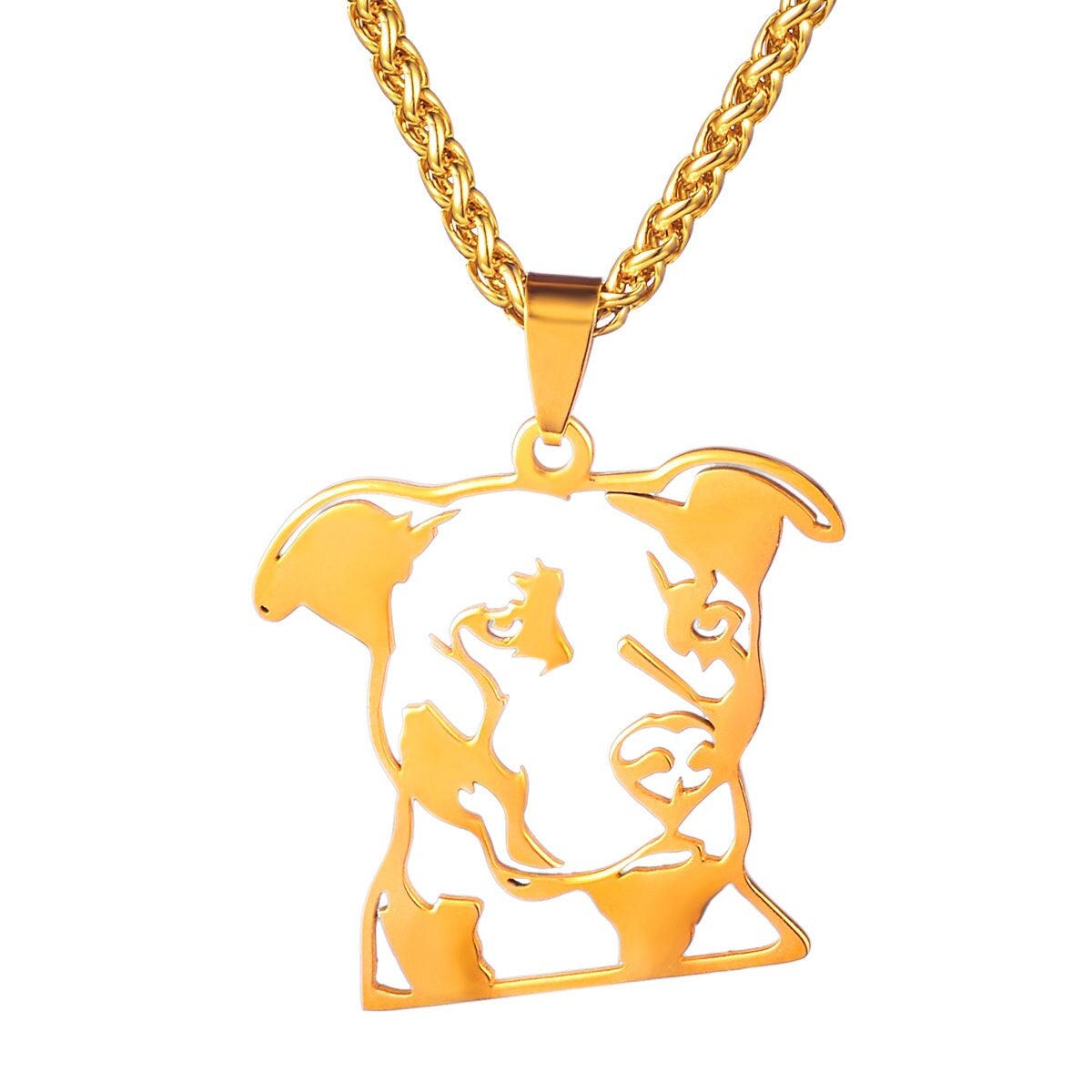 Stainless Steel Natural Ear Pitbull Pit Bull Staffordshire Bull Terrier Dog Head Pet Dog Tag Collar Charm Pendant Necklace, Gold-Tone