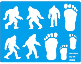 Bigfoot Yeti Sasquatch Big Foot Monster Ape Foot Paw Prints Stencil Template, Various Bigfoot Silhouettes Big Foot Prints, 10.6''x8.1''