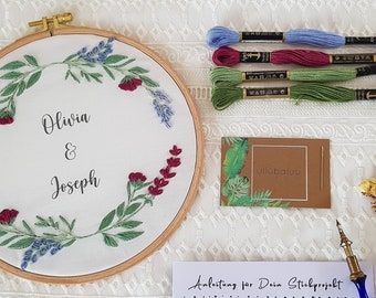 DIY EMBROIDERY kit Flower wreath CUSTOMIZE text beginner ring pillow handmade gift wedding Christmas