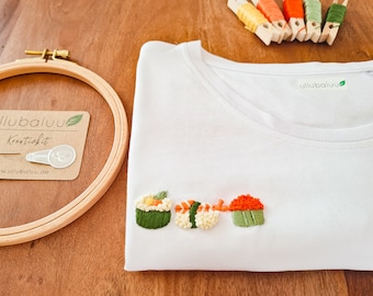 DIY EMBROIDERY TSHIRT kit Sushi embroidery pattern Beginner Starterkit Birthday Easter gift handembroidery