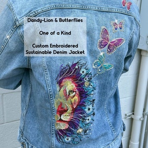 Custom Embroidered Sustainable Dandy-Lion & Butterflies Denim Jacket with Genuine Crystals, Boho Women&#39;s One of a Kind Upcycled Denim Jacket