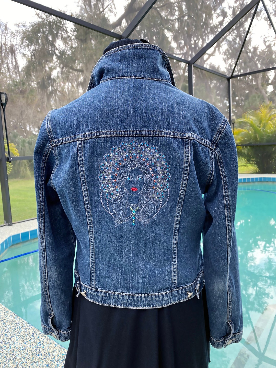 Women's Embroidered Denim Jacket Adorned With Austrian Etsy