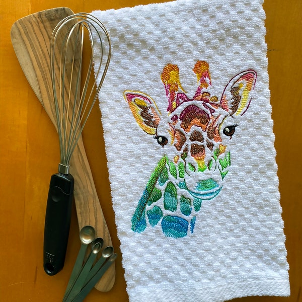 Embroidered Color Theory Giraffe Dish Towel, Rainbow Kitchen Decor, Festive Kitchen Linens, Hostess or New Home Gift