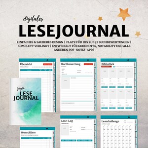 Könnte beinhalten: Eine digitale Lesejournal-Vorlage mit einem türkis-weißen Farbschema. Die Vorlage enthält Abschnitte für Buchlisten, Wunschlisten, Leselogbücher und Buchrezensionen. Der Text auf der Vorlage lautet "digitales Lesejournal", was mit "digitales Lesejournal" übersetzt wird.