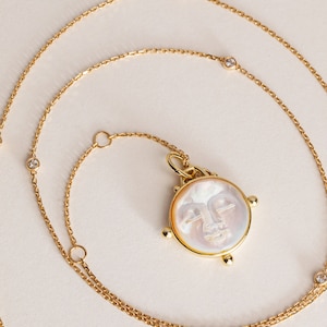 Moon face necklace/ 15mm Mother of pearl necklace/ Gold plated sterling silver/ Carved Moon Face/ 14K Solid Gold Satellite Chain Upgrade