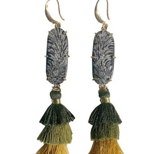 Bohemian Jewelry, Tassel Earrings, Gold Tassel earrings, Coral Fossil Tassel earrings, Gifts for her, wedding favors, bridesmaids gifts