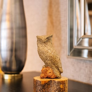Rustic Owl Sculpture with Natural Wooden Base | Handcrafted Owl Decor for Nature-Inspired Homes | Unique Wildlife Gift | Artisan Craft