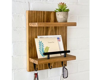 Entryway Wall Organizer Sunglasses Hook Rack Wood Wallet Mail Shelf Decor