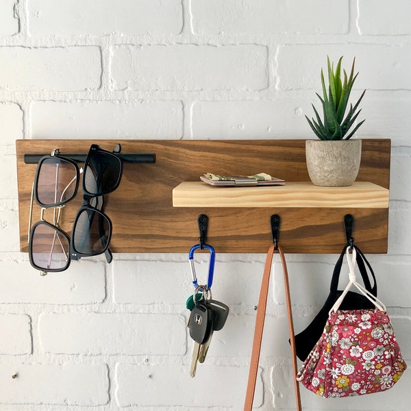 Entryway Wall Organizer | Mask Sunglasses Hook Rack | Wood Wallet Shelf Decor