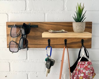 Entryway Wall Organizer | Mask Sunglasses Hook Rack | Wood Wallet Shelf Decor